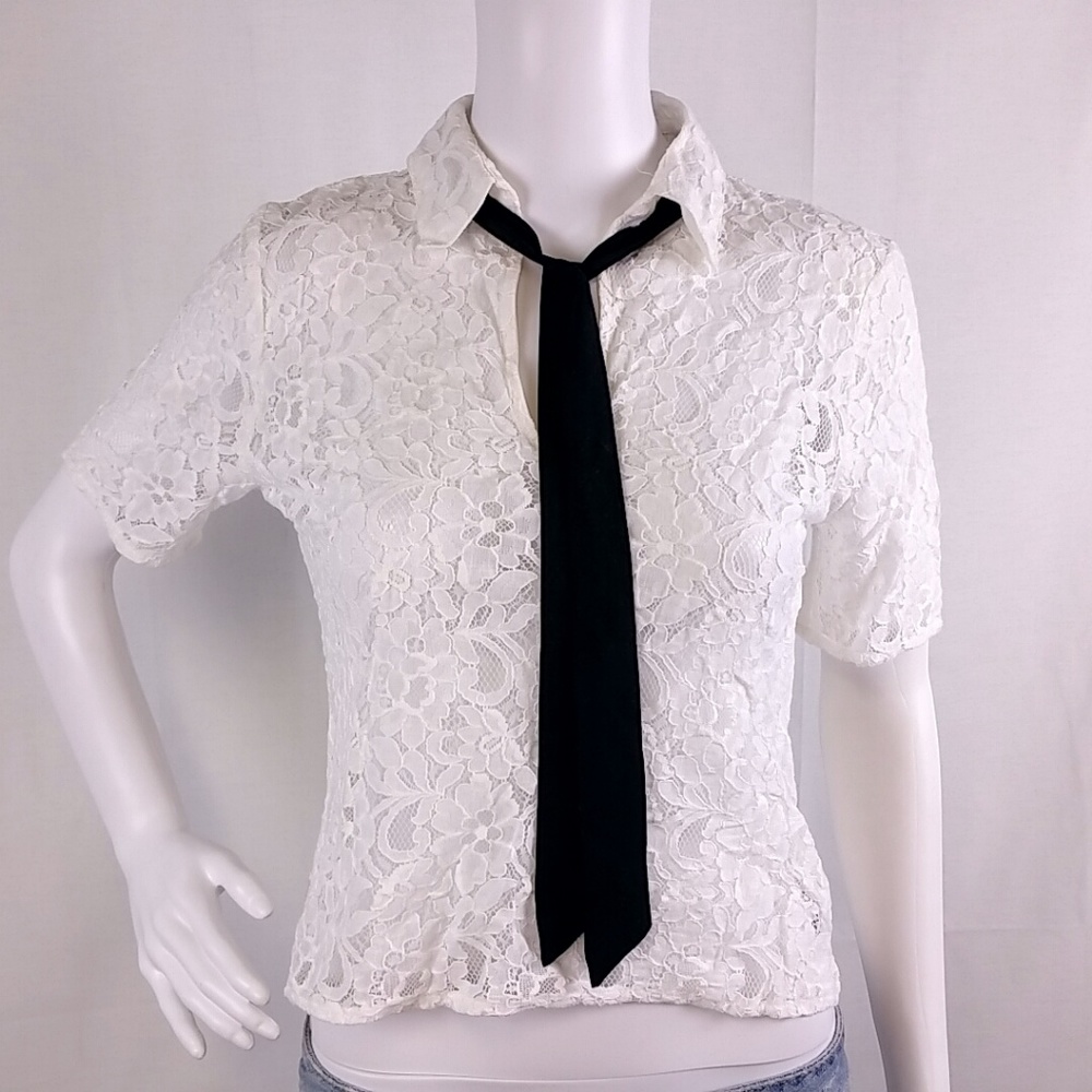 NWT Express White Lace Short Sleeve Black Necktie - Picture 2 of 6